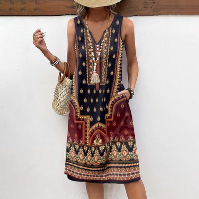 Sukienka w Stylu Vintage z Etnicznym Wzorem