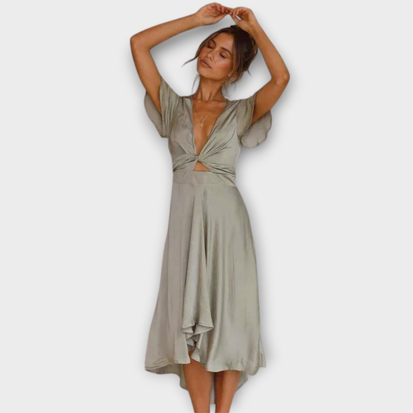 Margret - Elegancka Sukienka Midi z Dekoltem w Serek