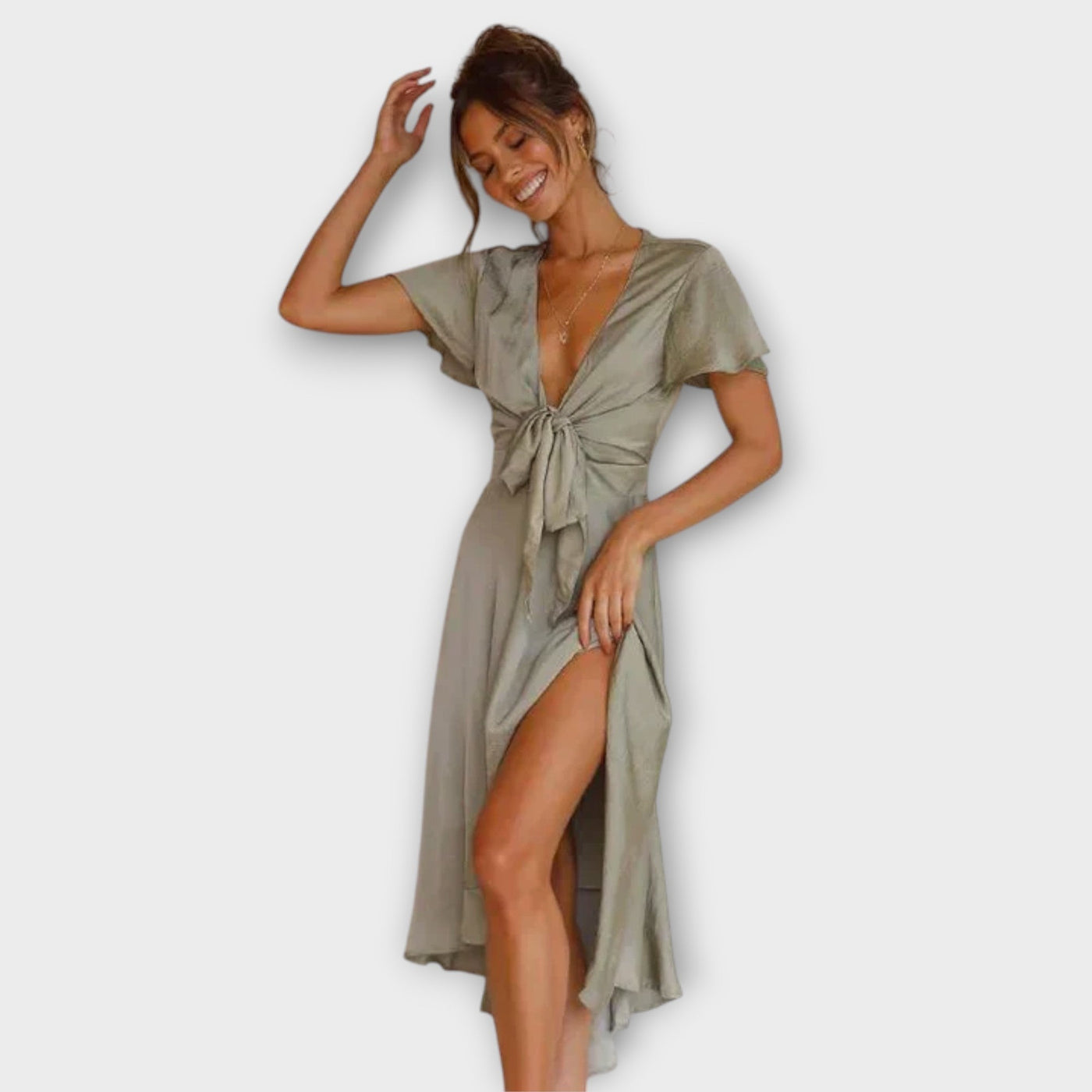 Margret - Elegancka Sukienka Midi z Dekoltem w Serek