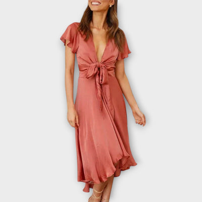 Margret - Elegancka Sukienka Midi z Dekoltem w Serek