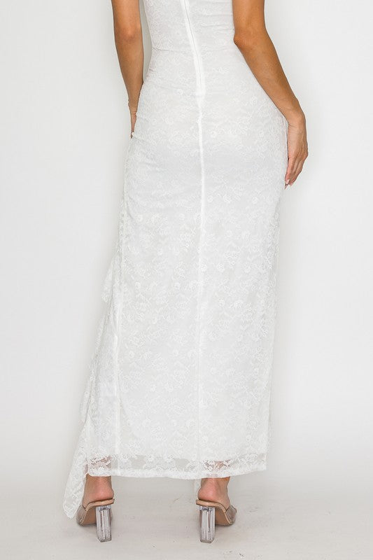 Sukienka Maxi z Koronkowym Falbanem