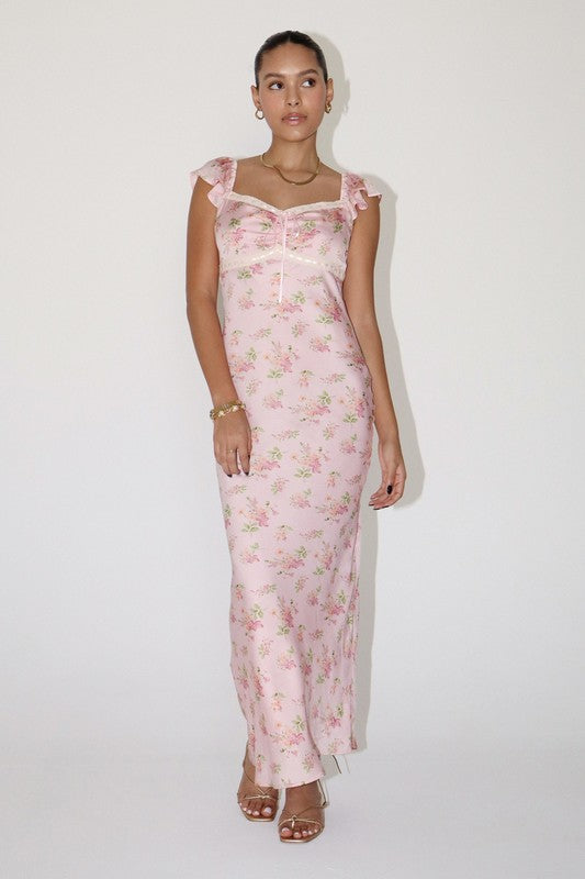 Sukienka Maxi z Satyny w Kwiaty