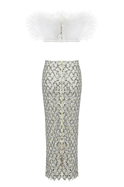 Loretta | Zestaw Topu z Puchu i Spódnicy z Cekiny